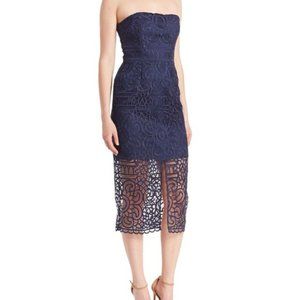 NICHOLAS navy lace strapless midi cocktail dress